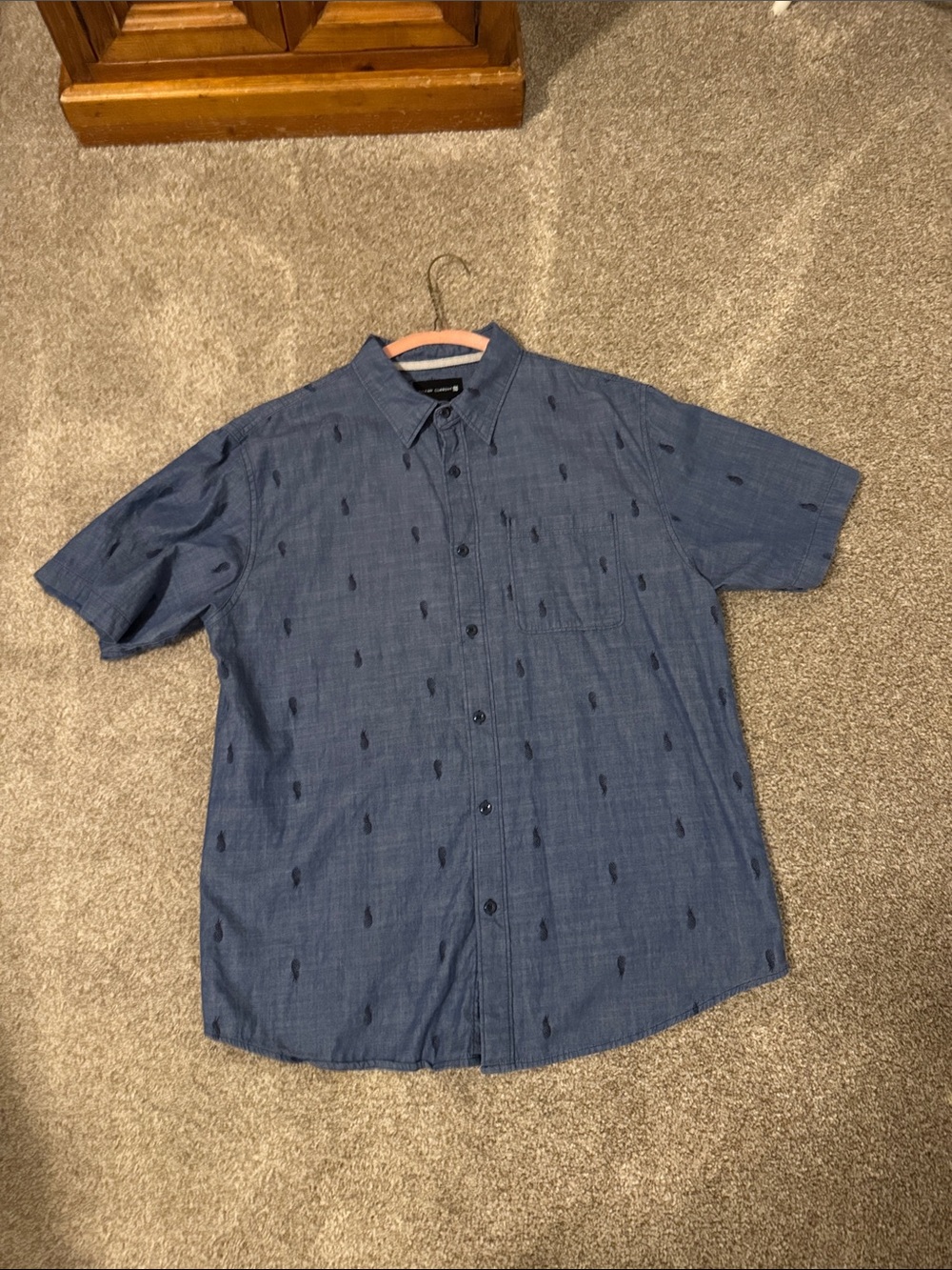 Ocean Current Men's Short-Sleeve Button-Down Shirt - Denim Blue with Pineapples